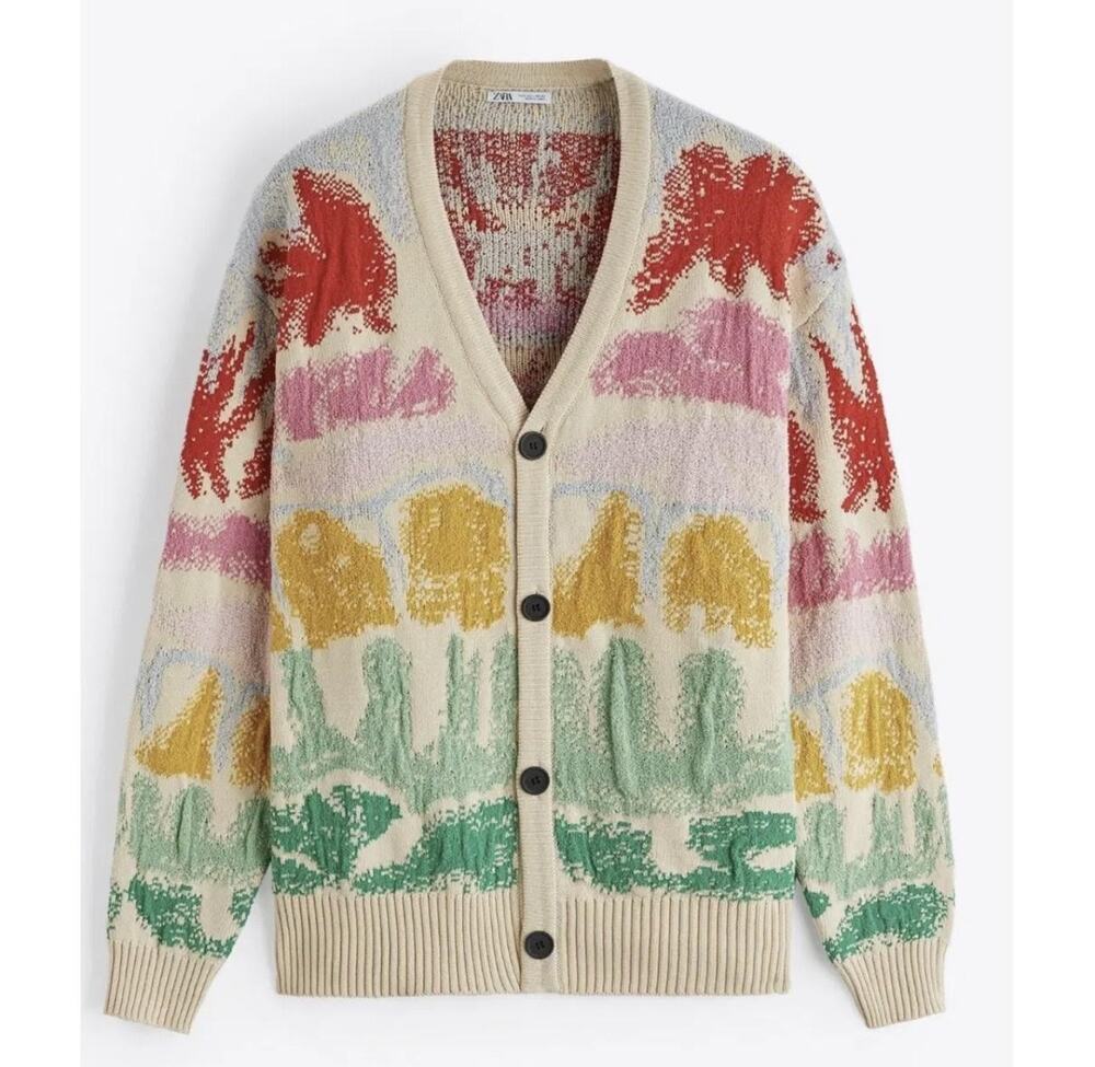 Zara Cardigan Sweater Womens XL Multicolor Abstract Graphic Knit Button Front - Picture 1 of 7